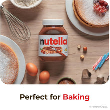 Nutella hazelnut spread jar with cakes, eggs, whisk, and baking tools on wooden table, perfect for baking
