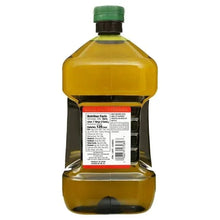 Large plastic bottle of olive oil with green cap and visible nutrition label, grocery product
