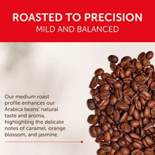 Medium roast Arabica coffee beans with text highlighting caramel, orange blossom, jasmine notes