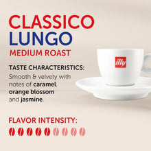 Classico Lungo medium roast coffee with illy cup, taste notes of caramel, orange blossom, jasmine.