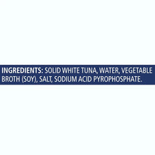Ingredients list for canned solid white tuna with soy vegetable broth, salt, sodium acid pyrophosphate.