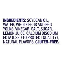 Food ingredients label listing soybean oil, eggs, vinegar, salt, lemon juice, gluten-free.