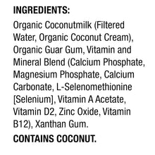 Organic coconut milk drink ingredients list with vitamins, minerals, and coconut content disclosure