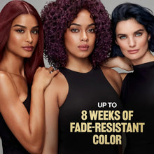 Three women showcasing vibrant fade-resistant hair color: red, purple, and blue tones