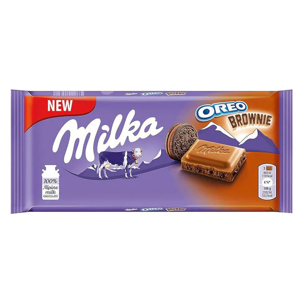 Milka Oreo Brownie Chocolate Bar, Alpine Milk Chocolate with Oreo Brownie Pieces, 3.52 oz (100g)