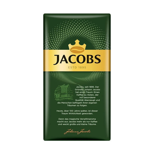 Jacobs coffee package, premium imported brand since 1895, green and gold design, real prime deals