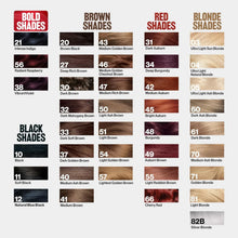 Hair color chart with bold, brown, red, blonde & black shades for dye selection