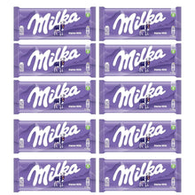 Ten Milka Alpine Milk chocolate bars in purple packaging arranged in a grid, grocery snack