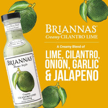 Briannas Creamy Cilantro Lime Dressing bottle with lime illustrations, perfect for salads and recipes