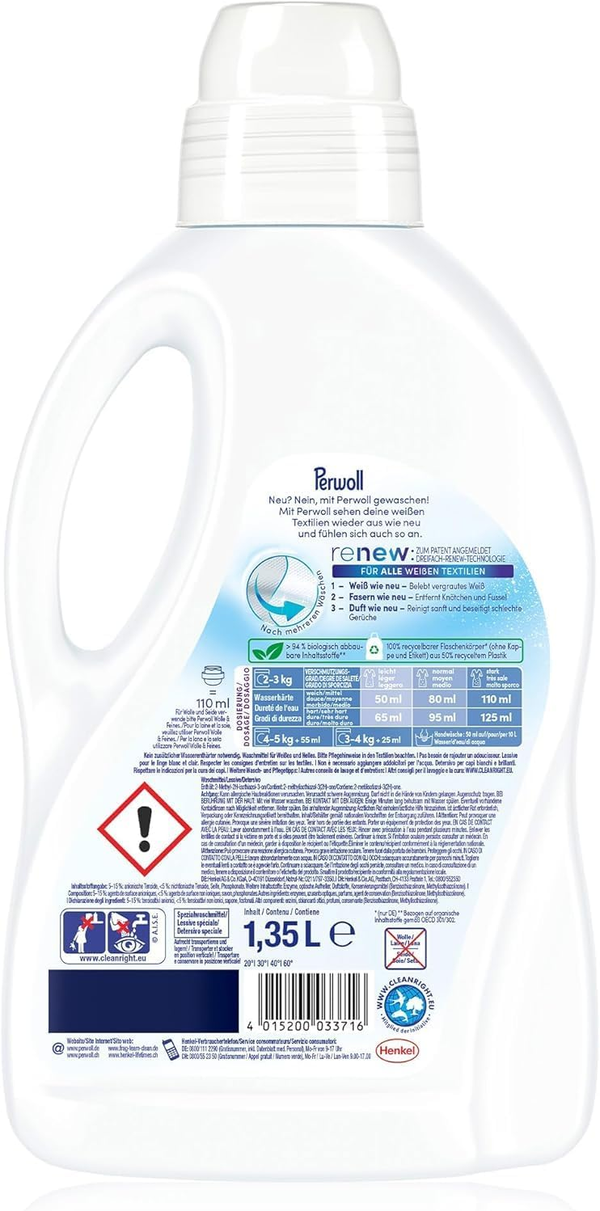 Lessive Liquide Perwoll White Renew, Technologie Triple Renouveau, Pour Tous les Textiles Blancs, 1,35 L (45,6 fl oz), 27 Lavages