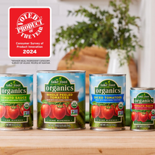 Organic canned tomatoes assortment on kitchen counter, including sauce, whole, diced, and paste.