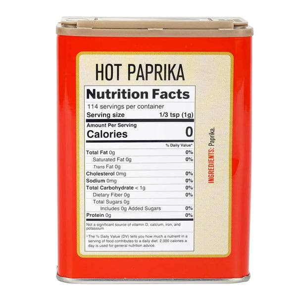 Hot Paprika spice in red tin with nutrition facts label, zero calories per serving, imported seasoning for cooking