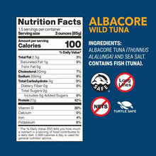 Albacore wild tuna nutrition facts label, ingredients, and eco-friendly fishing icons.