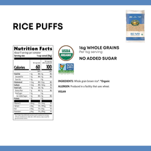 Organic rice puffs cereal nutrition facts, USDA organic, non-GMO, whole grain, vegan, no added sugar.
