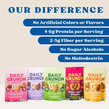 Daily Crunch sprouted nut snacks in assorted flavors, protein and fiber rich, no artificial colors or sugar alcohols, five colorful bags on a beige background.