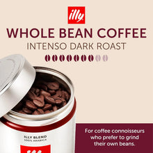 Intenso dark roast whole bean coffee in an open tin, ideal for grinding fresh arabica beans.
