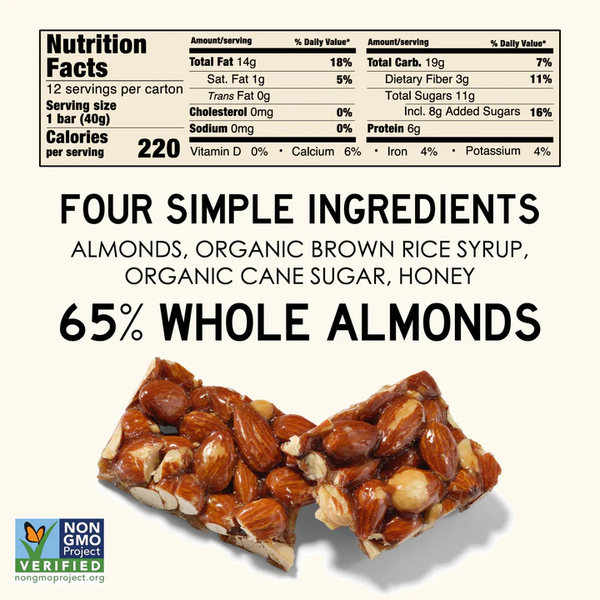 South Forty Almond Bar Nutrition Facts - 4 Ingredients, 65% Whole Almonds, Non-GMO Verified