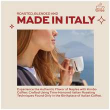 Woman enjoying Italian coffee in a Kimbo espresso cup with mountains in the background