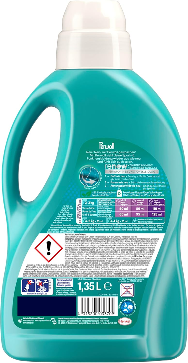 Perwoll Sport Renew Liquid Detergent, Triple Renew Technology, For Sportswear & Functional Clothing, 1.35L (45.6 fl oz), 27 Loads