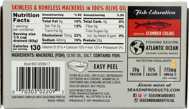 Season Brand Skinless & Boneless Mackerel in 100% Olive Oil – 4.375 oz