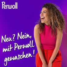 Woman laughing in pink top and red pants with Perwoll text on purple background
