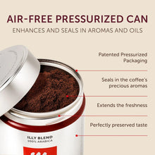 Open can of Illy Blend 100% Arabica ground coffee highlighting air-free pressurized packaging benefits.