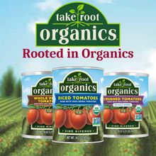 Organic canned tomatoes including diced, whole peeled, and crushed, with vine background