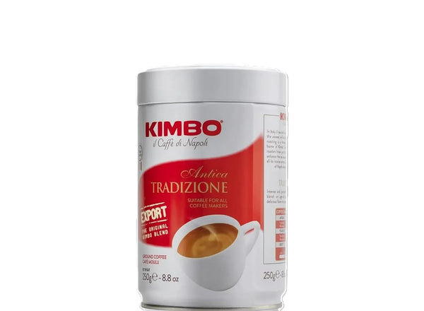 Kimbo Tradizione ground coffee can 250g with cup of espresso on label, grocery product
