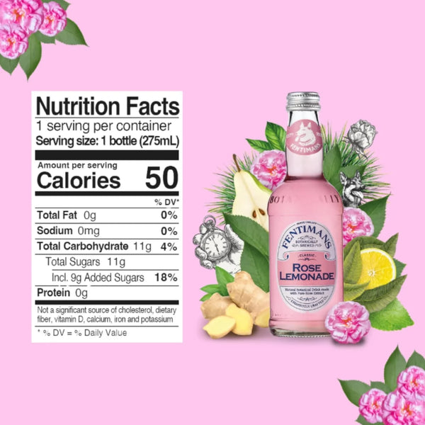Fentimans Traditional Rose Lemonade, 9.3 fl oz (275mL) Glass Bottle, Botanically Brewed
