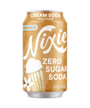 Organic Nixie cream soda zero sugar 12oz can with vanilla flower and cold condensation drops.
