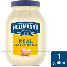 Large jar of real mayonnaise with blue lid and label, 1 gallon size, grocery staple