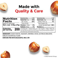 Hazelnut spread nutrition facts label with quality ingredients, 200 calories per serving, made with care