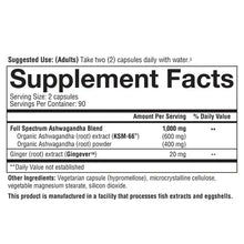 Supplement facts label for ashwagandha blend with ginger extract, 2 capsules serving size