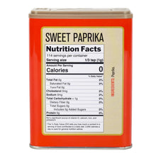 Sweet Paprika spice tin with nutrition facts label, zero calories per serving, imported seasoning for cooking