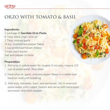 Orzo pasta with cherry tomatoes and fresh basil, easy Italian recipe with parmesan cheese
