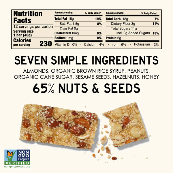 South Forty Mixed Nut Bar Nutrition Facts - 7 Ingredients, Almonds Peanuts Hazelnuts Sesame, Non-GMO Verified