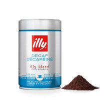 Ground decaf coffee canister with coffee grounds, 100% arabica mild blend.