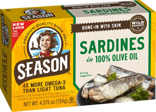 Season Sardines in 100% Olive Oil, Bone-In with Skin, Wild Caught, 4.375 oz (124g)