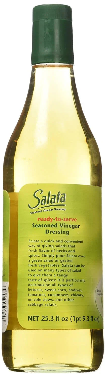 Salata Seasoned Vinegar Dressing bottle, ready-to-serve salad dressing for greens, veggies, and slaws