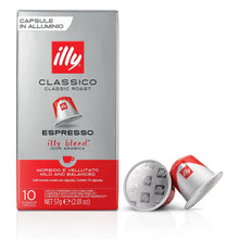 Espresso coffee capsule box and two aluminum capsules, classic roast, grocery product