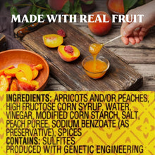 Peach fruit spread made with real apricots and peaches, shown with fresh slices and ingredients list