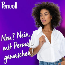 Woman with curly hair in white shirt, Perwoll laundry detergent ad, vibrant purple background