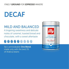 illy decaf finely ground espresso coffee can with product description and blue background