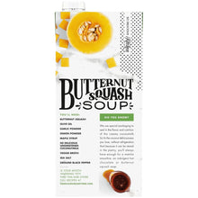 Butternut squash soup carton with coconut milk, ingredients listed, dairy-free recipe