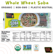 Organic whole wheat soba noodles package with nutrition facts and certifications