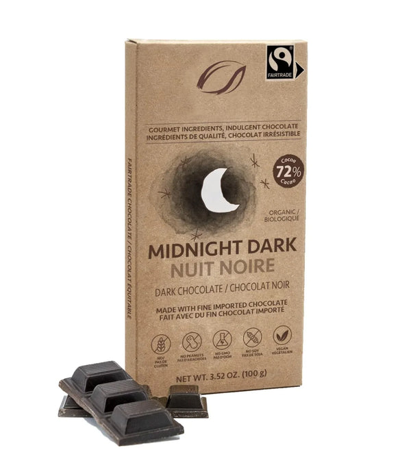 Midnight Dark 72% cocoa fairtrade organic dark chocolate bar, gluten-free, vegan, no nuts or soy, imported gourmet snack