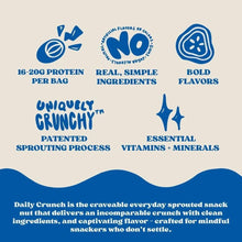 Daily Crunch snack benefits, highlighting high protein, real ingredients, bold flavors, patented sprouting, vitamins, minerals.