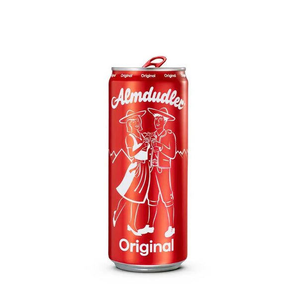 Almdudler Original Austrian soft drink can with traditional attire illustration
