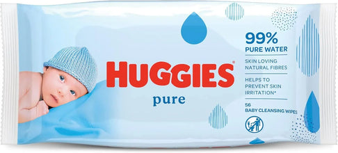 Huggies Pure baby cleansing wipes package with a baby, 56 count, 99% pure water.