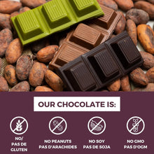 Dark, milk, and green chocolate bars with cocoa beans — gluten-free, no peanuts, soy, or GMOs
